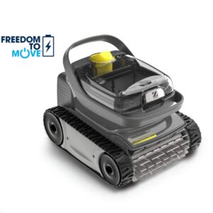 Vista lateral del robot Zodiac Pixel OP 32 inalámbrico con orugas de tracción para limpieza de fondo y paredes