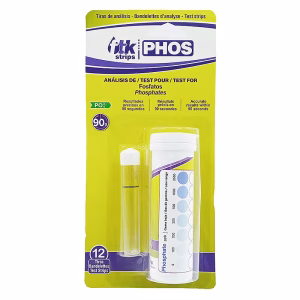 Tiras FTK‑PHOS PRO para fosfatos en agua de piscina – presentación del producto con tubo y tiras